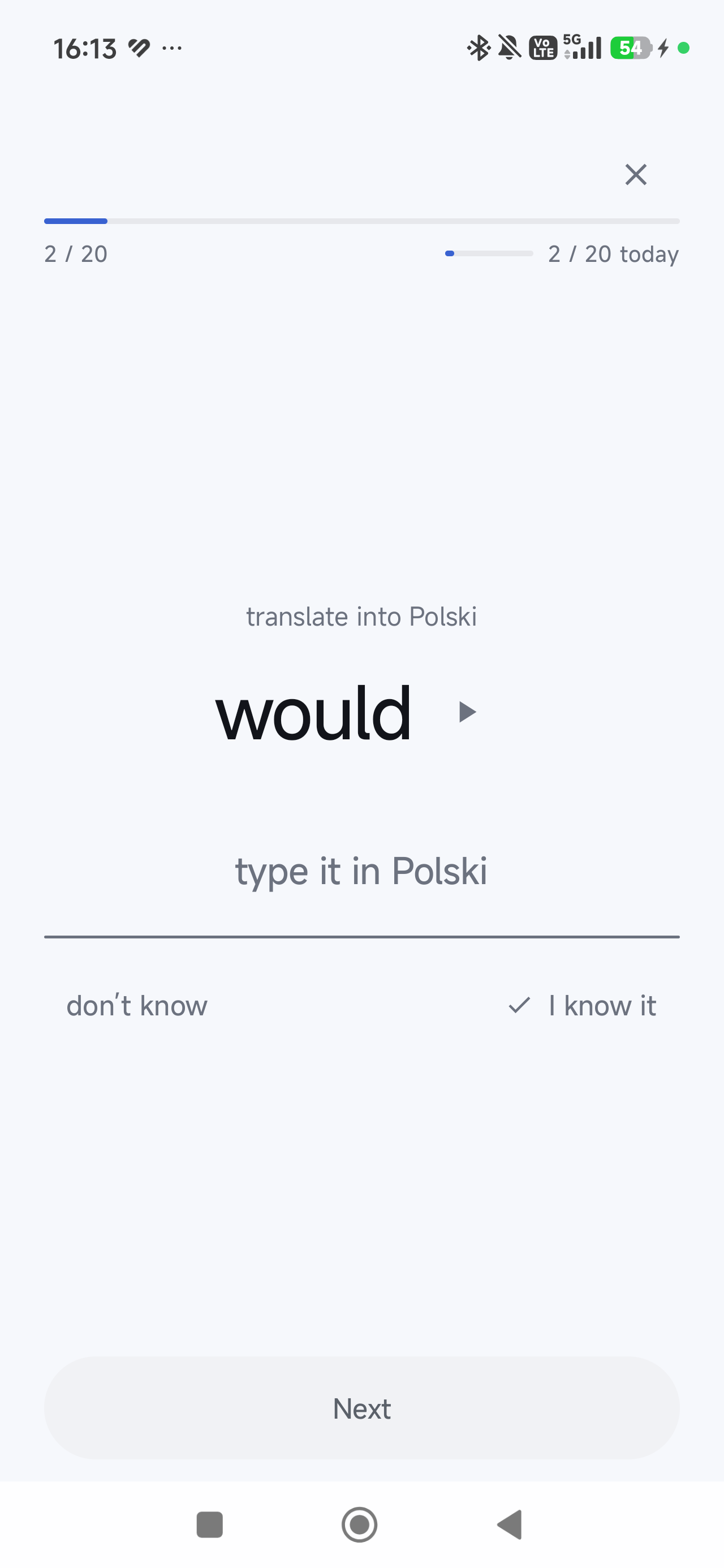 SayIt pokazuje słowo i prosi o wpisanie tłumaczenia.