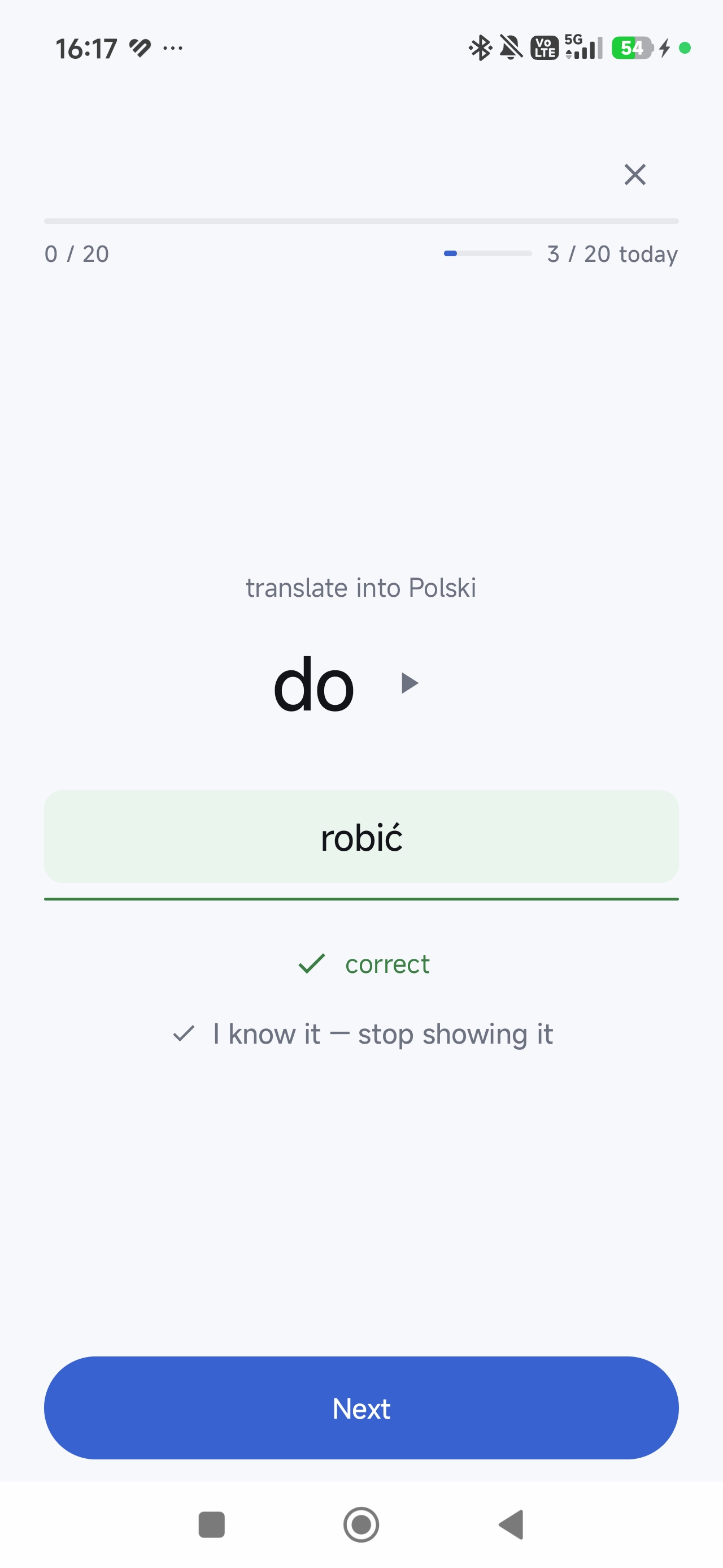 SayIt pokazuje poprawną odpowiedź po wpisaniu tłumaczenia.